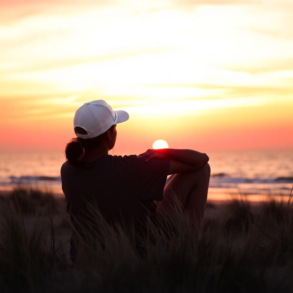 Person watching the sunset from a beach dune wearing a trucker hat
