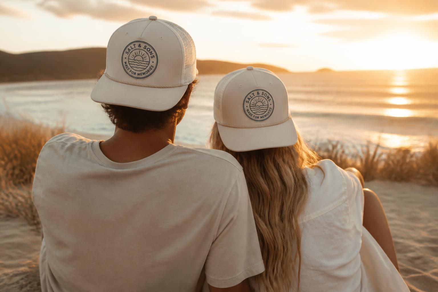 Person watching the sunset from a beach dune wearing a trucker hat