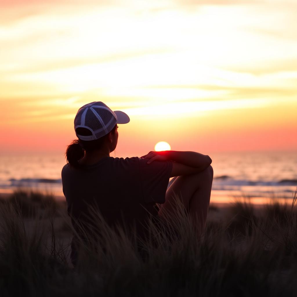 Person watching the sunset from a beach dune wearing a trucker hat