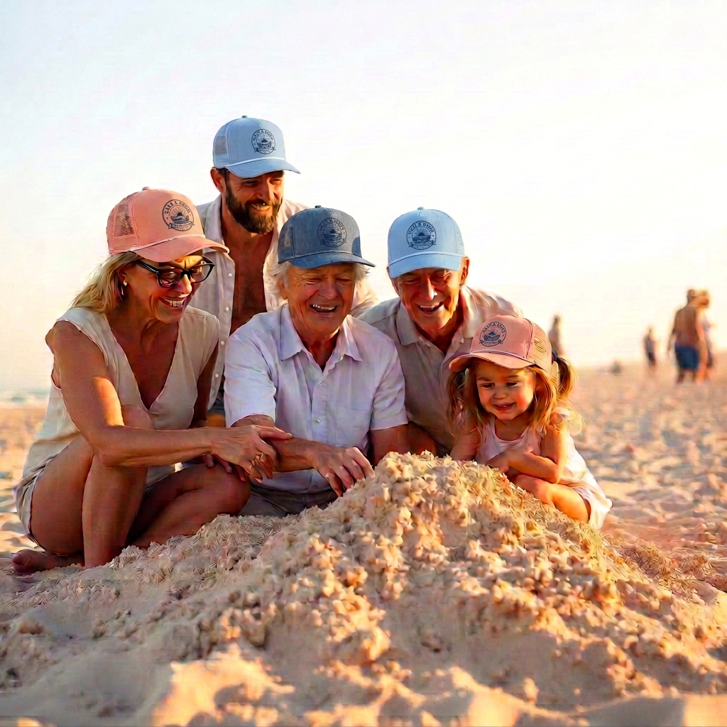 Grandparents and grandkids laughing while building a sandcastle