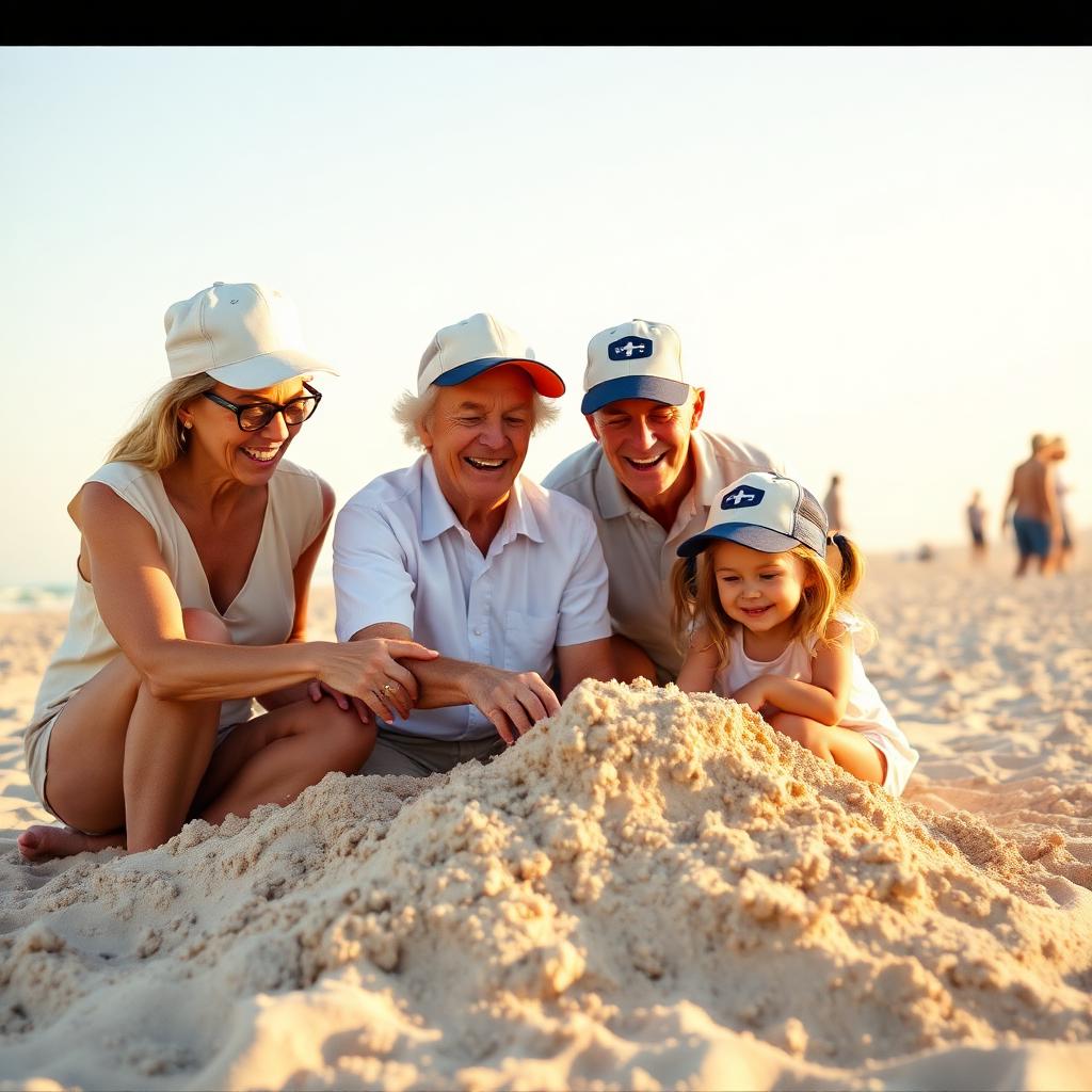 Grandparents and grandkids laughing while building a sandcastle