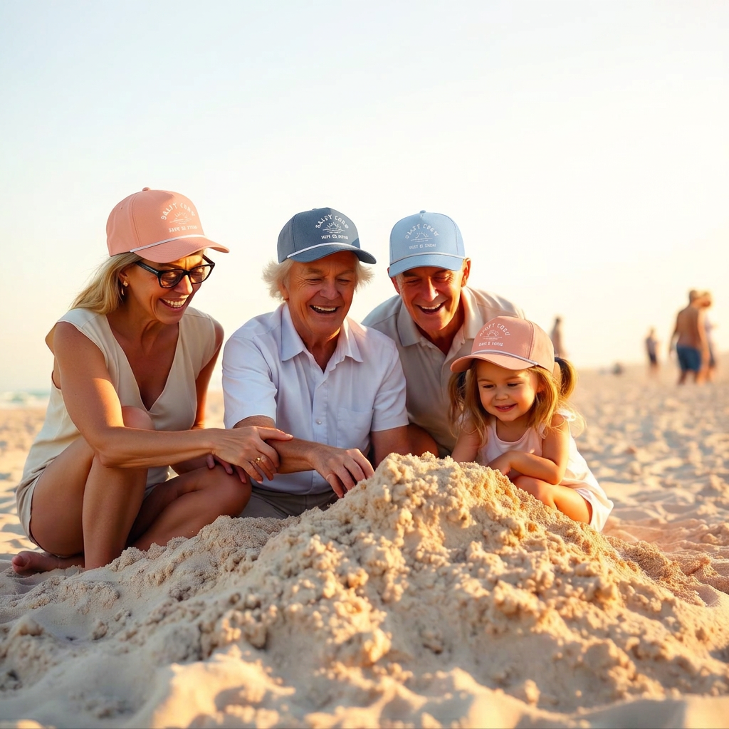 Grandparents and grandkids laughing while building a sandcastle